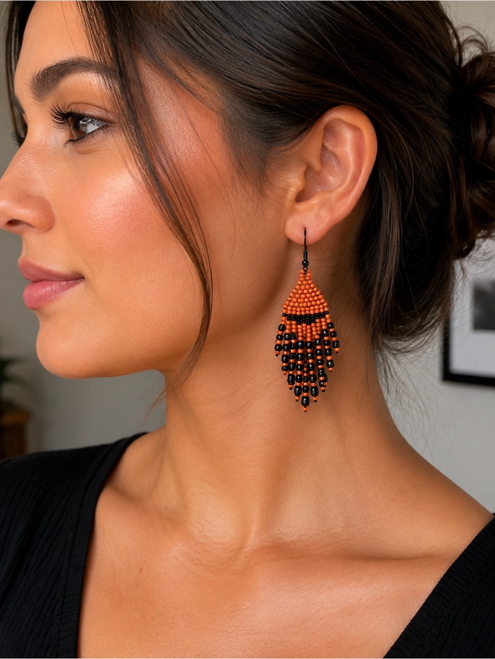 Peach & Black Fringe Earrings